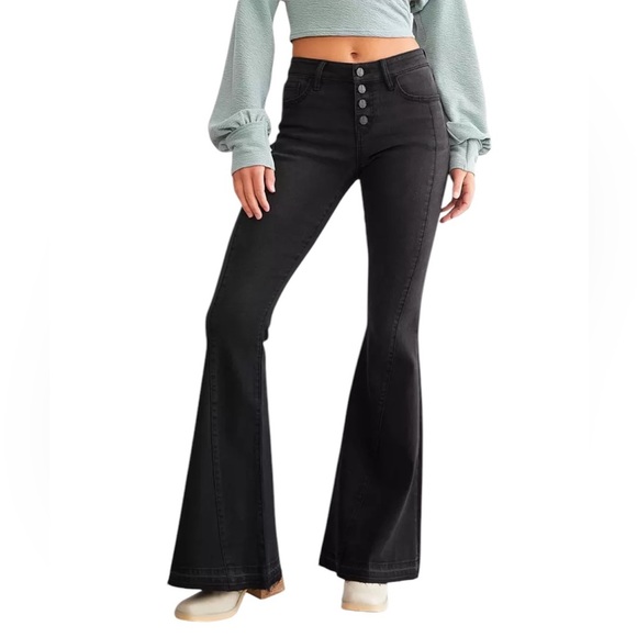 KanCan Signature Kurvy Mid-Rise Black Denim Flare Jeans Bohemian Retro Size 34 - Picture 1 of 16
